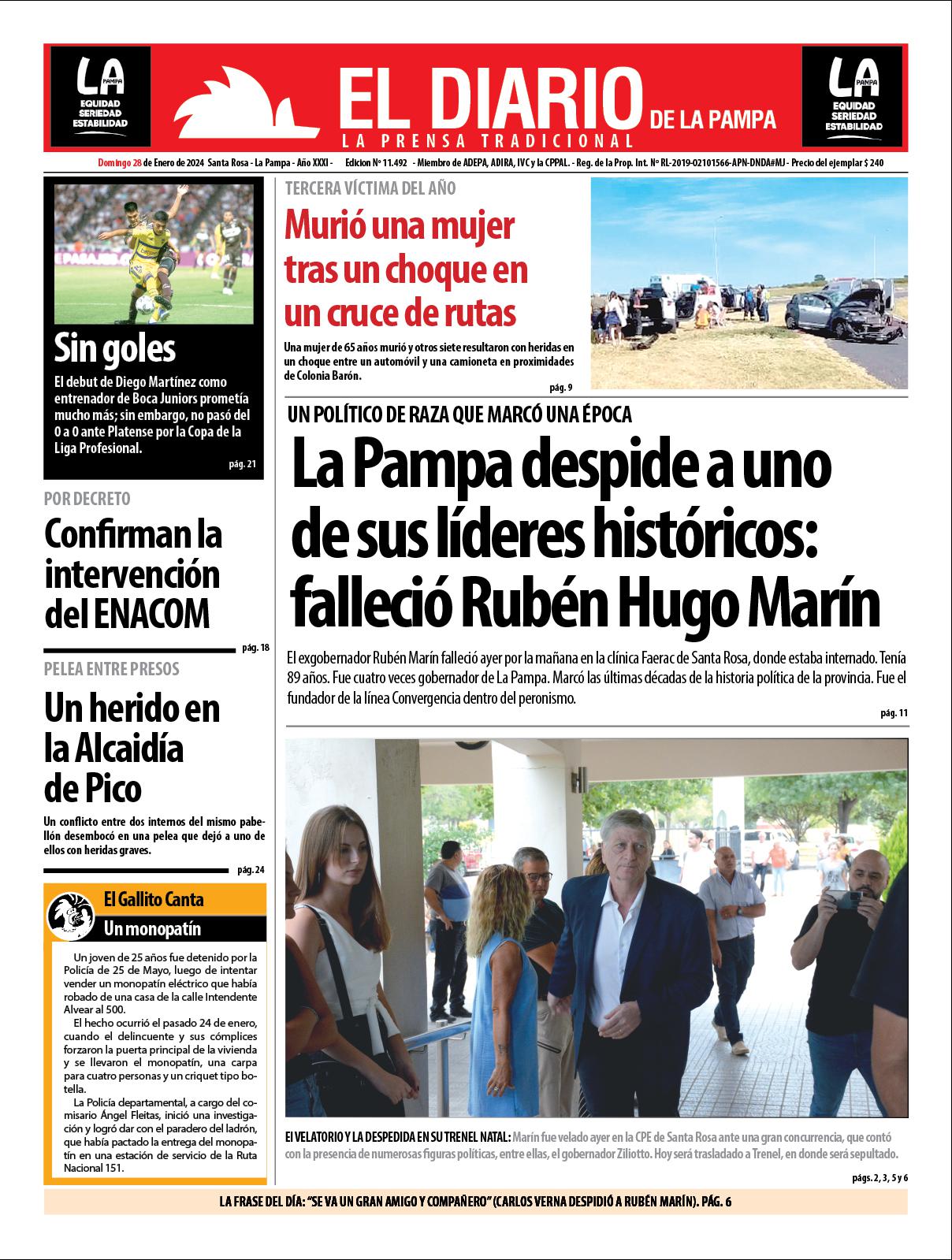 Tapa de El Diario en papel  domingo 28 de enero de 2024